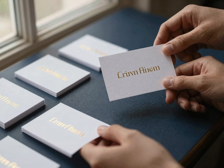 Hands arranging physical brand assets, heavy cotton paper business cards with gold foil debossing, warm editorial photography, soft side-lit window light, 35mm