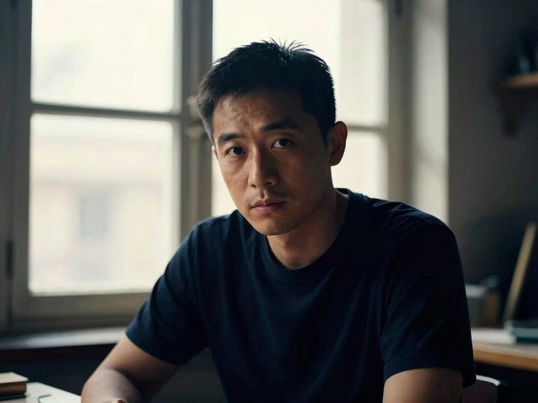 High-contrast editorial portrait of a maker, soft side-lit window light, deep navy shadows, shallow depth of field, 35mm