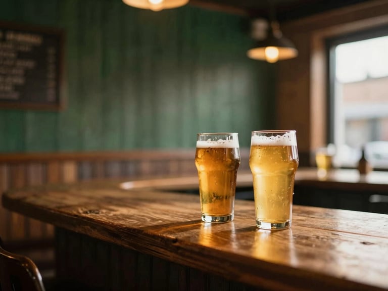 Cozy wooden pub interior with warm amber lighting, cold craft beer glasses on a rustic counter, soft focus background.