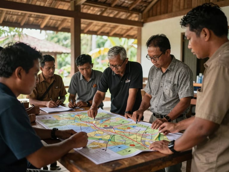 A collaborative community mapping workshop in a wooden community hall in Central Kalimantan, local leaders and researchers analyzing a large map on a table under soft natural daylight.