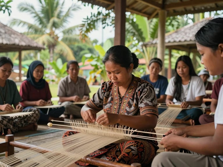 Wide environmental shot of a local woman entrepreneur in Central Kalimantan demonstrating traditional weaving techniques to a group of researchers under natural tropical daylight.