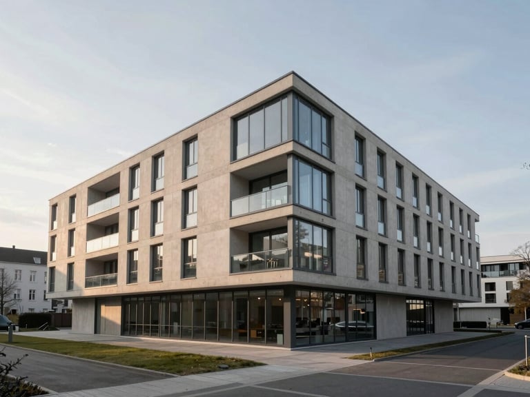 Wide-angle architectural elevation of a modernist concrete and glass residential building in Munich, soft morning shadows, clean linear perspective, medium format photography