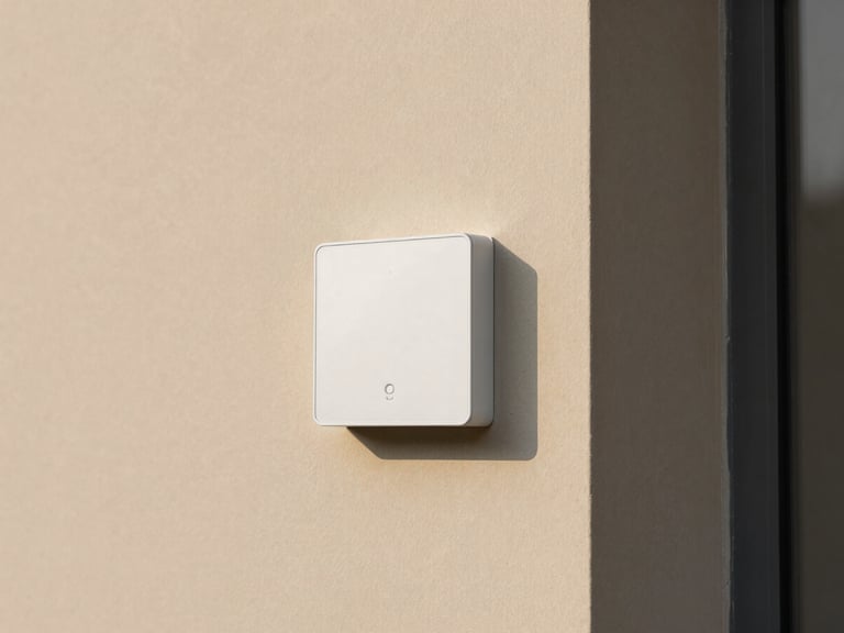 Minimalist technical diagram of smart building sensors and clean architectural lines, rendered in sand and graphite tones, Hasselblad medium format style.