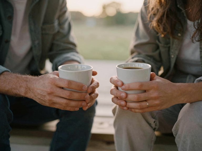 Close-up of two people in civilian clothes sitting on a wooden porch, hands holding coffee mugs, soft golden-hour natural light, shallow depth of field, 35mm film.