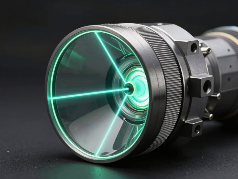 Technical CAD schematic of an injection-molded waveguide lens, showing light paths in neon cyan refracting through diffractive optical elements, dark background