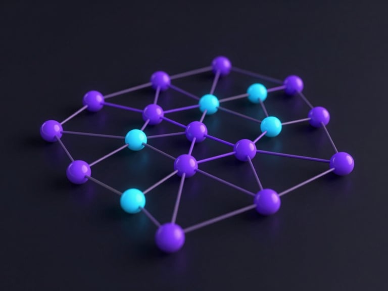 Sleek 3D render of a complex supply chain network, glowing violet and cyan nodes, moody low-key studio lighting, ultra-sharp macro focus