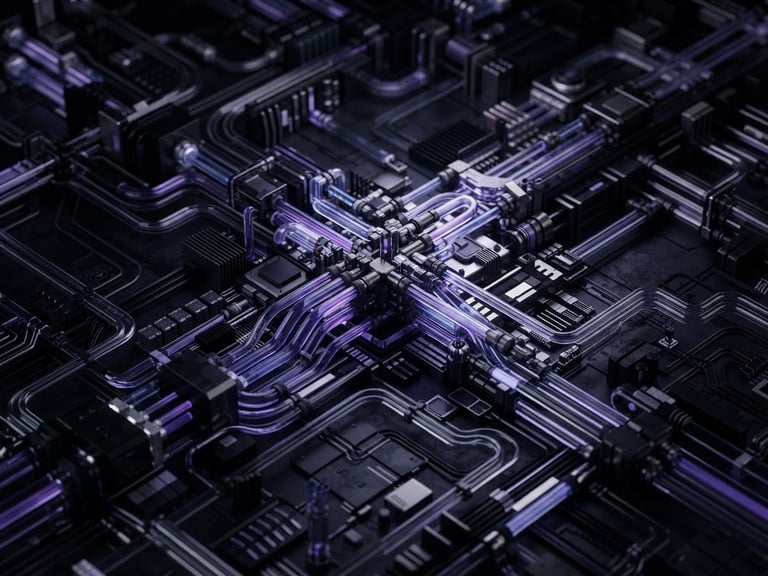 sleek 3D render of complex data pipelines, moody low-key studio lighting, deep obsidian tones with subtle violet accents, ultra-sharp macro focus, wide view