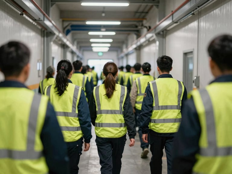 Environmental wide shot of a brigade training session inside an industrial facility corridor, participants in safety vests practicing evacuation procedures, practical overhead fluorescent lighting, documentary framing from behind the group