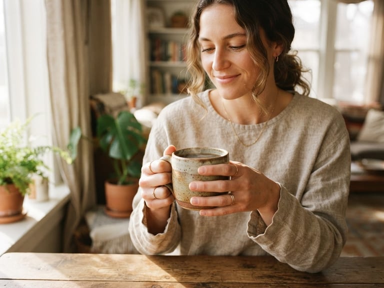 Warm editorial photography of a person holding a ceramic mug with both hands, soft natural morning light, organic earth tones, shallow depth of field