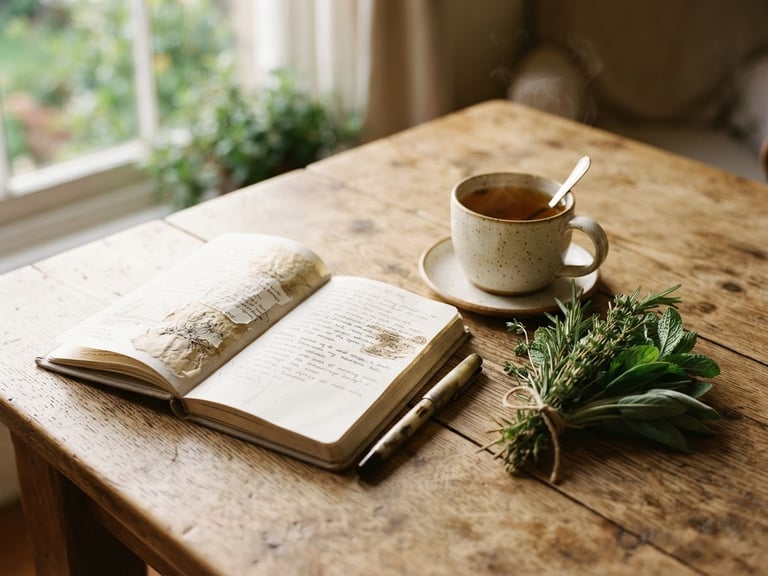 Soft natural morning light illuminating a wooden table with fresh herbs, a cup of herbal tea, and an open notebook, warm editorial photography style