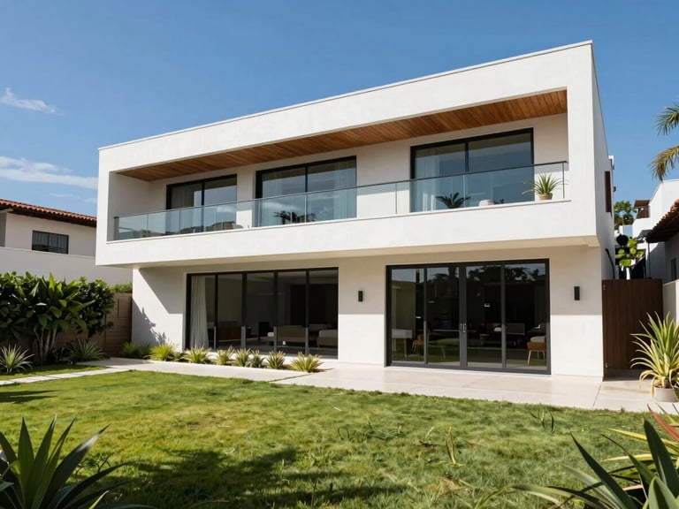 Bright, modern luxury home in Alphaville, Salvador, clean architectural lines, manicured green garden, clear blue sky, natural daylight, high-end residential setting.