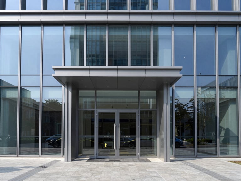 Sharp architectural photography of a modern glass commercial building entrance, straight-on angle, bright clean daylight, cool blue tones, 35mm.