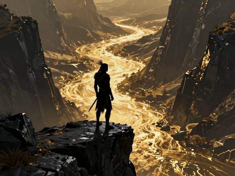 High-fidelity concept art of an indigenous warrior silhouette standing on an obsidian cliff overlooking a glowing gold valley, dramatic chiaroscuro lighting, 8k resolution