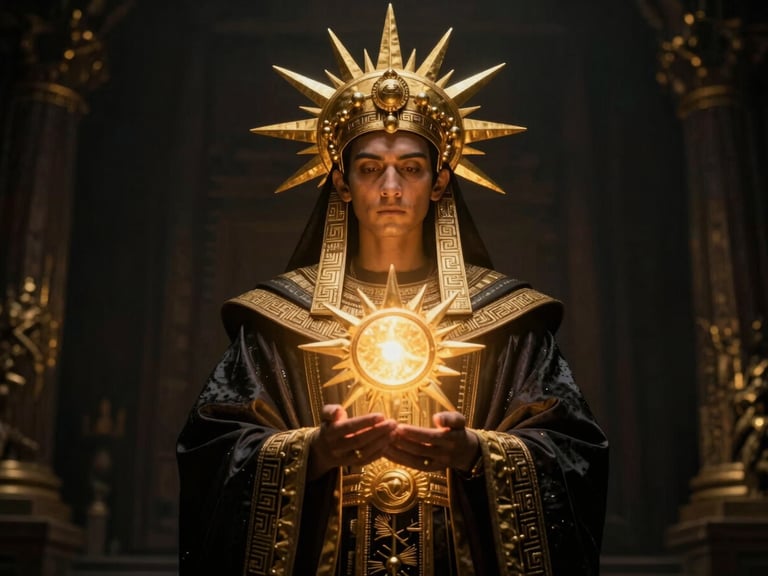 Cinematic portrait of a high priest with a golden headdress, dramatic golden-hour lighting, holding a glowing solar artifact