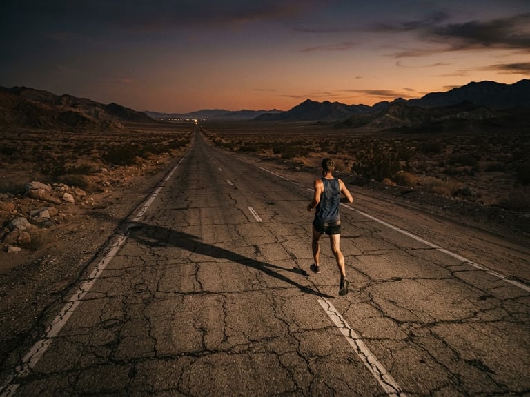 An extreme wide shot of a solitary runner on an empty, cracked desert highway at twilight, casting a long shadow, desaturated earthy tones, high contrast, 35mm anamorphic lens.