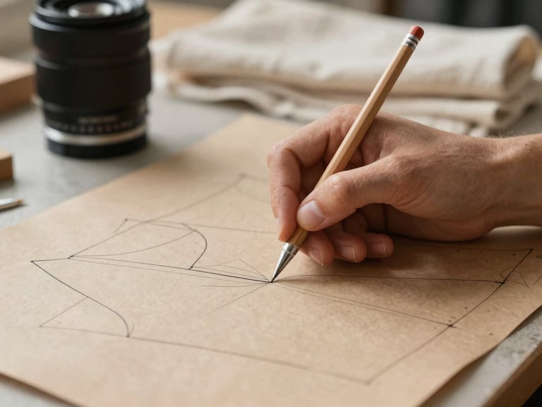 Close-up of hands drafting a garment pattern with pencil on heavy brown paper, soft-focus studio background with linen fabric swatches