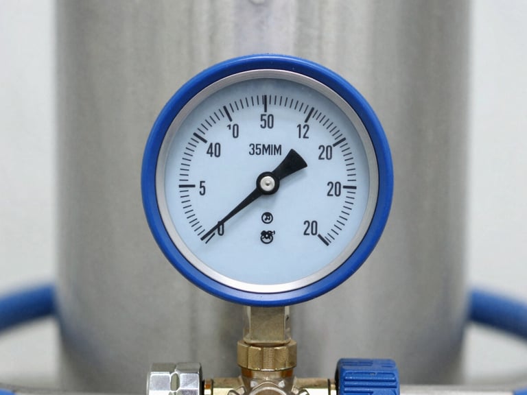 Close-up of a pressure gauge on a stainless steel RO membrane housing, bright clean utility lighting, metallic silver and deep blue tones, sharp focus, 35mm