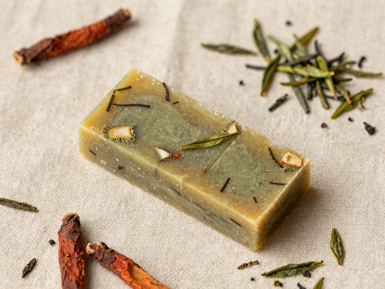 Overhead flat lay of a Matcha & Manjistha Ritual Bar, sliced to show botanical inclusions, on a raw linen cloth with scattered green tea leaves and Manjistha root pieces, soft sun-drenched natural light, macro texture, shallow depth of field