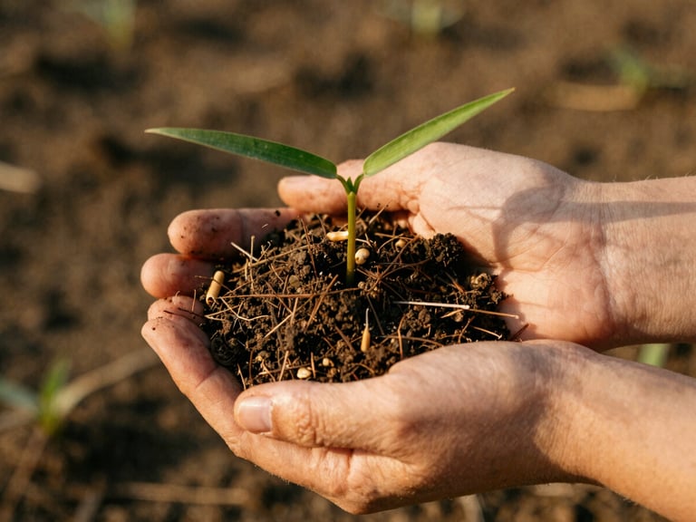 Close-up of hands holding a small bamboo seedling in rich soil, natural golden-hour daylight, shallow depth of field, 35mm film style