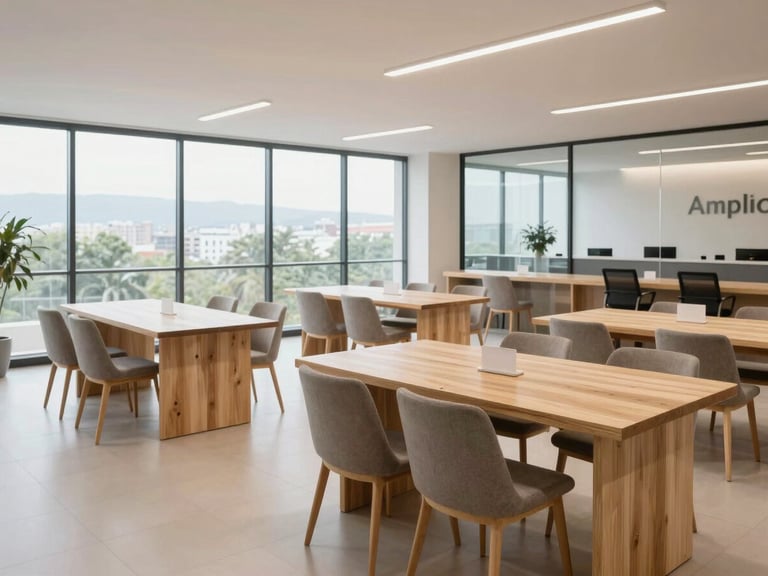 Amplio comedor corporativo moderno y luminoso en Colombia, mesas de madera clara alineadas, ventanales grandes, ambiente limpio y profesional sin personas.