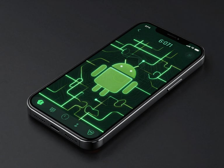 High-fidelity Android phone mockup showcasing a clean, high-framerate vector puzzle interface with glowing electric green lines, dark background