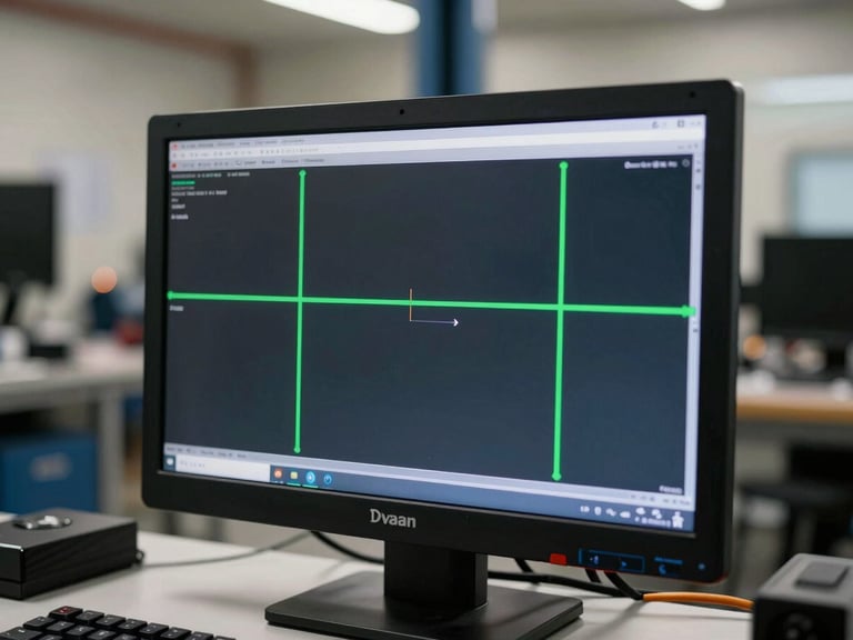 A high-precision digital diagnostic interface showing green alignment calibration vectors on a clean computer screen inside a vehicle service bay.