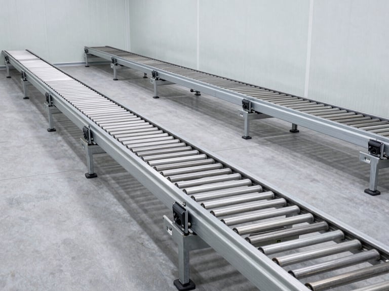 Wide-angle cleanroom view of an empty automotive testing chamber with steel conveyor tracks embedded in a gray concrete floor, crisp daylight