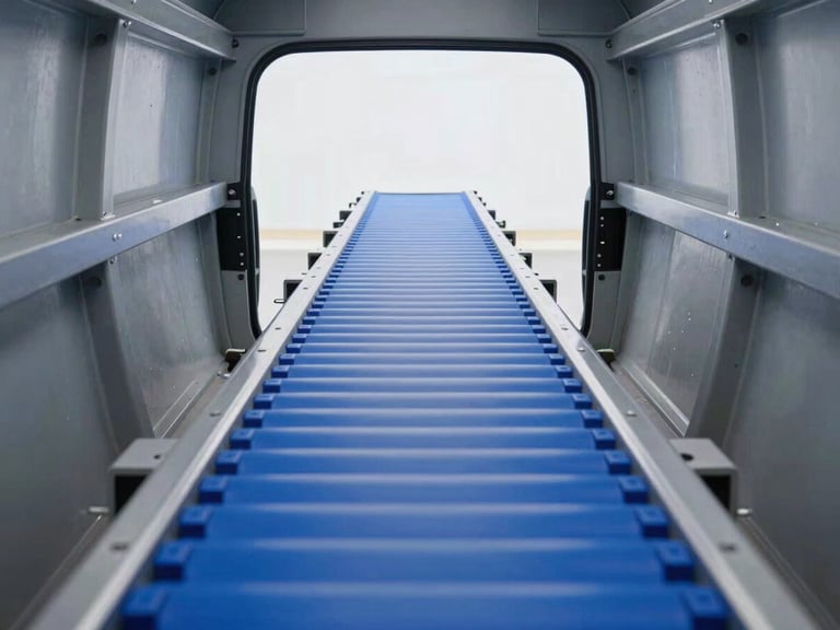 Straight-on architectural shot of a blue modular plastic conveyor belt inside a clean, modern vehicle wash tunnel, cool industrial daylighting