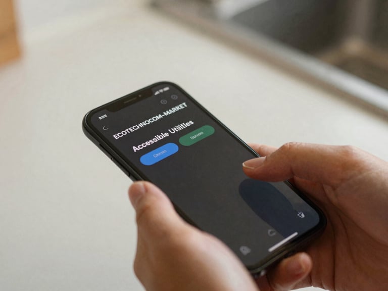 Close-up of fingers interacting with a smartphone screen showing ECOTECHNOCOM-MARKET Accessible Utilities, high-contrast text and buttons, on a kitchen counter, soft natural daylight, 35mm lens.