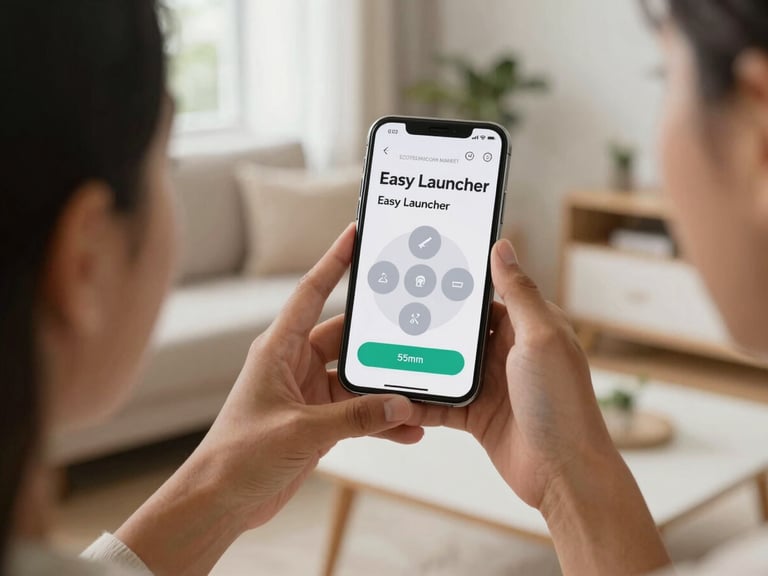 Over-the-shoulder view of diverse hands holding a smartphone displaying the ECOTECHNOCOM-MARKET Easy Launcher interface, large tactile buttons, clear text, in a well-lit living room, soft natural daylight, 35mm lens.