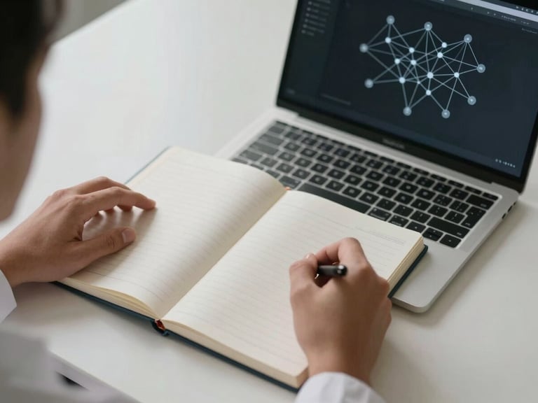Overhead framing of a researcher's hands on a open notebook beside a laptop screen displaying a minimal neural network node diagram rendered as fine interconnected lines, soft north-facing studio light, cool neutral tones, no warm tints, the diagram delicate and precise against a near-white desk surface
