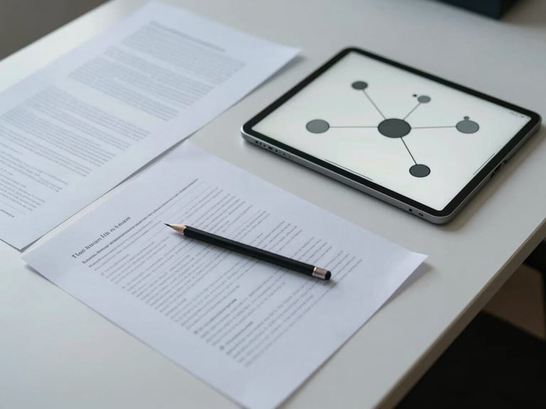 Overhead view of a work-in-progress desk: printed research pages annotated in pencil, a tablet showing a minimal node-and-edge diagram, soft diffuse studio light, cool neutral tones, precise and uncluttered, no people visible