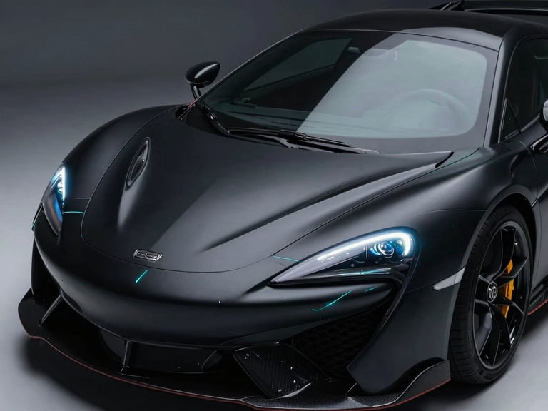Sleek matte-black supercar under high-contrast studio spotlights, sharp teal laser lines scanning the hood, clean reflections, 35mm