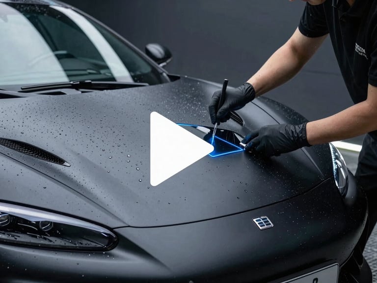 Still frame of a professional installer applying invisible BASF Rodim PPF to a matte black supercar, water droplets sheeting off the hood, play icon overlay