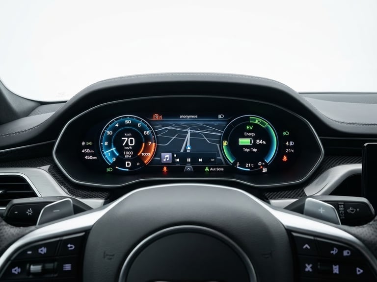 Crisp studio shot of a modern car dashboard displaying digital metrics, clean white background, high-key lighting, 35mm