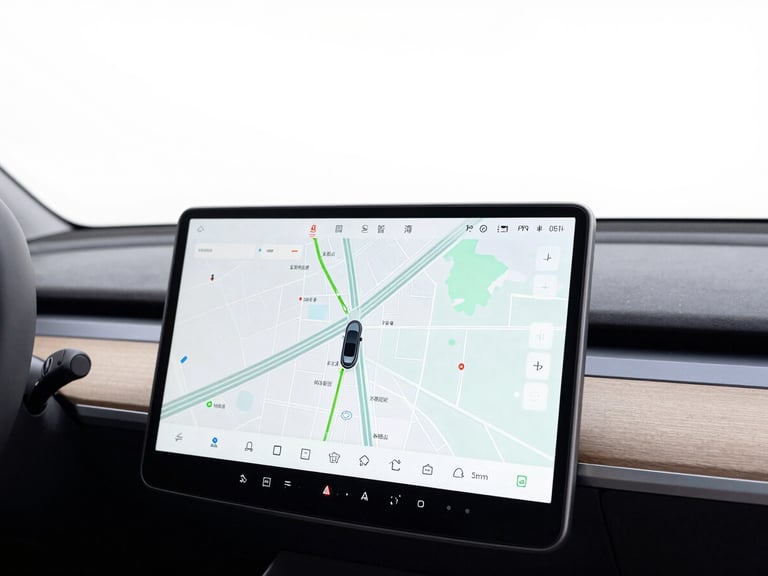 Close-up of a modern car dashboard screen displaying a map, clean interior, bright lighting, sharp focus.