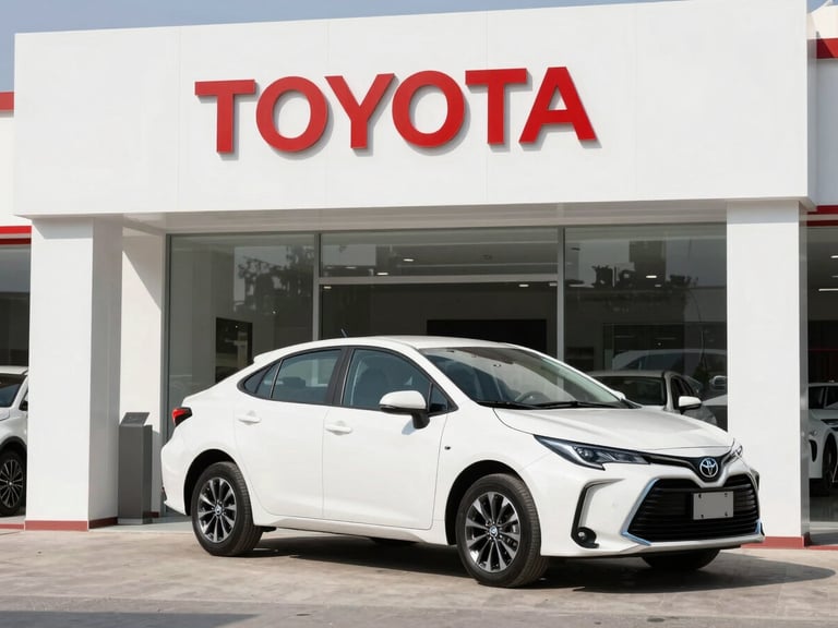 Clean exterior shot of a modern Toyota dealership showroom in Saudi Arabia, bright daylight, no people