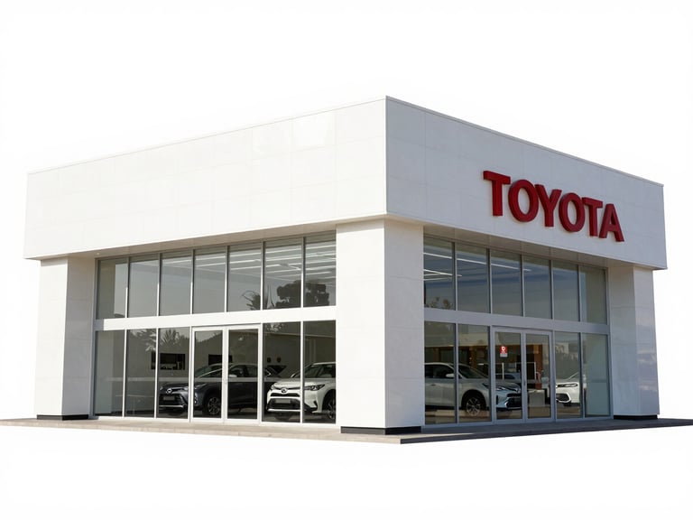 Modern Toyota dealership exterior in Riyadh, bright sunny day, clean architecture, no people, wide shot