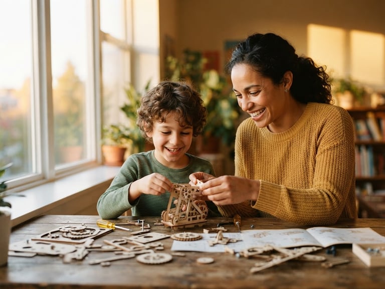 Candid medium shot of a mentor and a young student smiling while assembling a wooden STEM kit together by a bright window, warm golden-hour daylight, soft optimistic earth tones, shallow depth of field, 35mm photography
