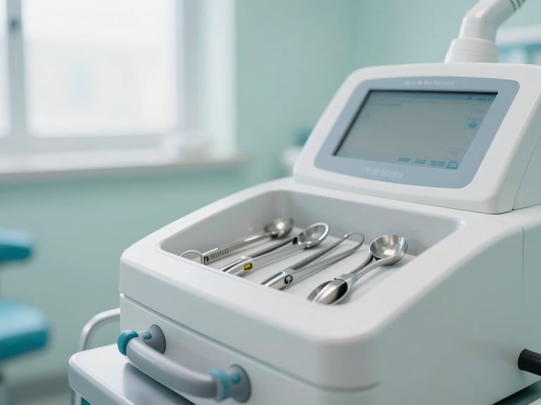 A close-up of modern clinical sterilization equipment and sealed dental instruments inside a bright, organized medical facility with soft teal lighting.
