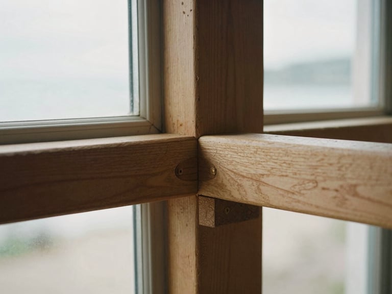 Tight macro shot of hand-carved timber-frame joinery, soft natural window light illuminating the wood grain and chisel marks.
