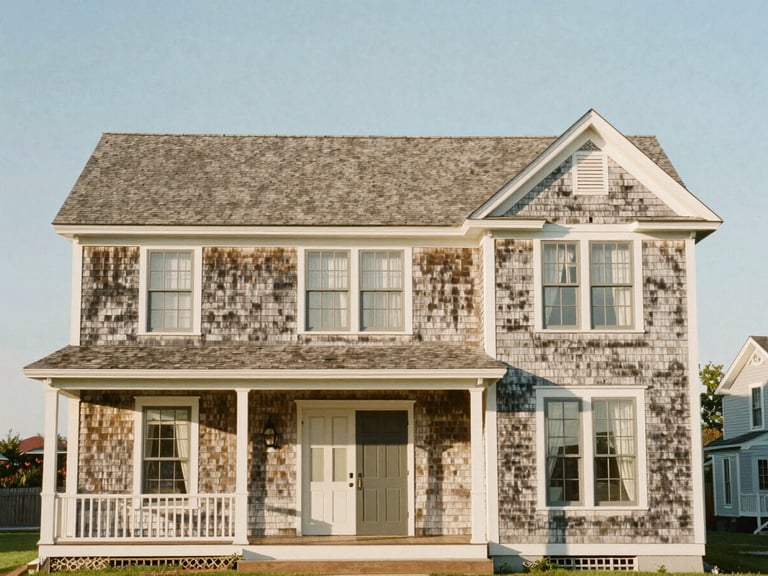warm editorial architectural photography, soft coastal daylight, muted historic tones, medium format film, 80mm. Straight-on architectural elevation of a restored historic Guilford home with weathered cedar shingles, flooded with natural coastal light, clean lines and negative space.