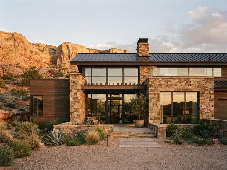 Crisp architectural exterior of a modern stone and timber residential building in Southern Utah, warm golden hour sun hitting the facade, straight-on architectural lines, 35mm