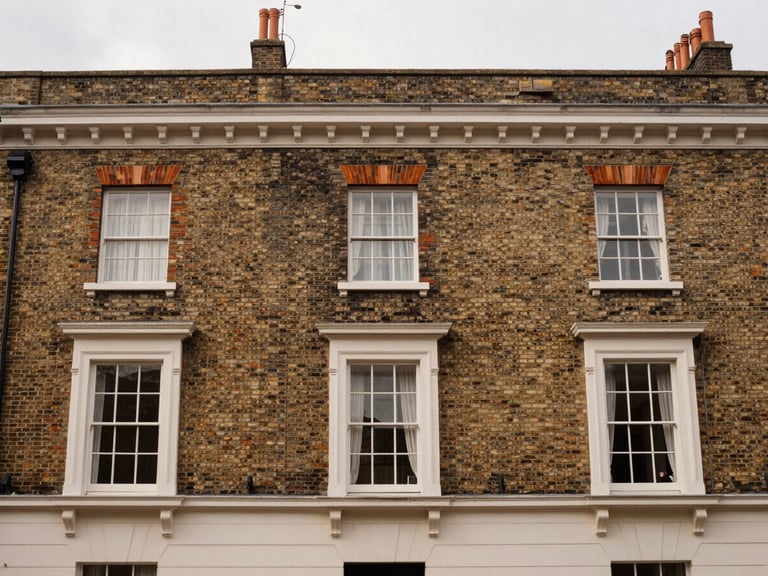 Straight-on architectural elevation of a classic Edwardian terrace house in Barnet with freshly installed timber-alternative sash windows, warm editorial photography, soft natural overcast daylight, rich heritage tones, 35mm