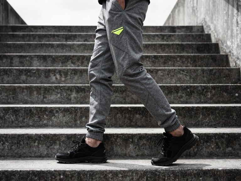 Low-angle shot of technical gray joggers on a model walking down concrete industrial stairs, high-contrast overcast daylight, sharp focus.