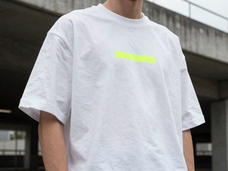 Low-angle shot of a model wearing an oversized white tee in a concrete parking garage, overcast daylight, sharp focus on fabric folds.