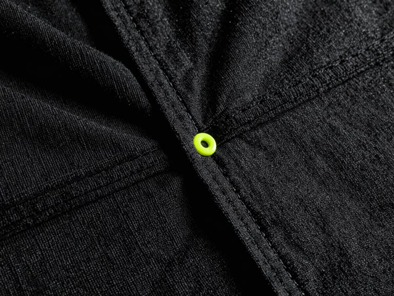 Macro product detail of heavy black loopback terry fabric, showing precise double-needle stitching and dense knit texture, dramatic key light with deep shadows.