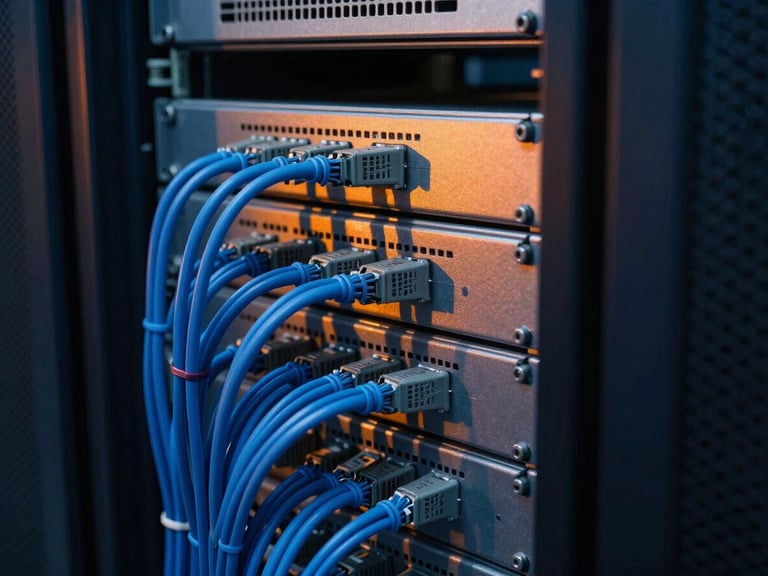 Close-up of clean server racks with organized blue cables, low-key dramatic lighting with sharp orange amber highlights, 35mm photography