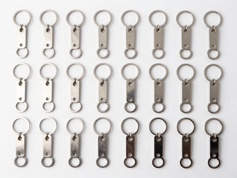 Overhead flat-lay of precision-machined metal keychains, arranged in a perfect grid, bright studio lighting, sharp focus.