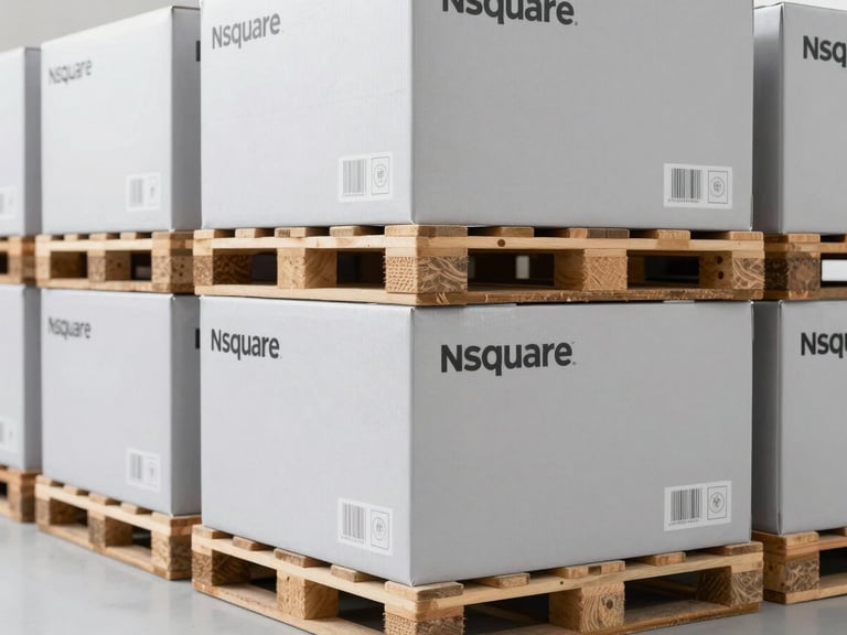 Clean warehouse aisle with perfectly stacked pallets of nsquare wholesale product boxes, diffused studio lighting, sense of order and efficiency.